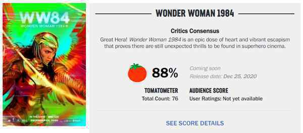 《神奇女侠1984》烂番茄新鲜度88% 本周五在内地上映