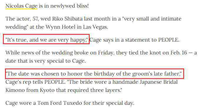 尼古拉斯·凯奇婚礼曝光！5度结婚迎娶小30岁女友 前妻送祝福